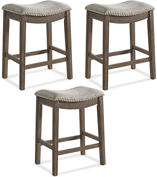 ROME + OAK Set of 3 Parker 26 Inch Counter Stool, Backless Saddle Kitchen Barstool in Walnut Finish with Grey Fabric Upholstery Cushion Seat