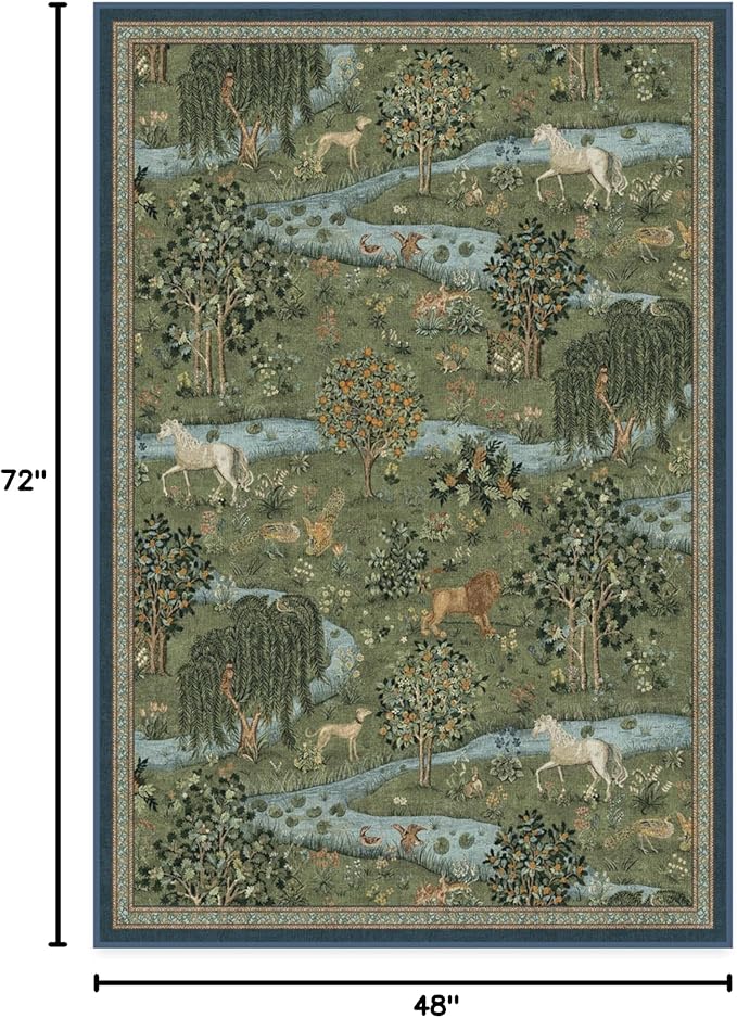 RUGGABLE x Morris & Co Washable Area Rug – Owl & Willow Green 4x6, Stain-Resistant, Non-Slip – Medium Machine Washable Rugs for Living Room, Bedroom, Hallway, Entryway & Office–with Standard Pad
