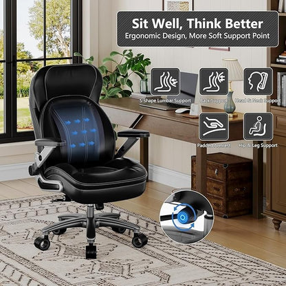 Big and Tall Office Chair, 600lbs Heavy Duty Desk Chair with 5D Arms, Adjustable Lumbar Support & Height, Tilt Function, PU Leather High Back Ergonomic Executive Computer Chair with 3'' Silent Casters