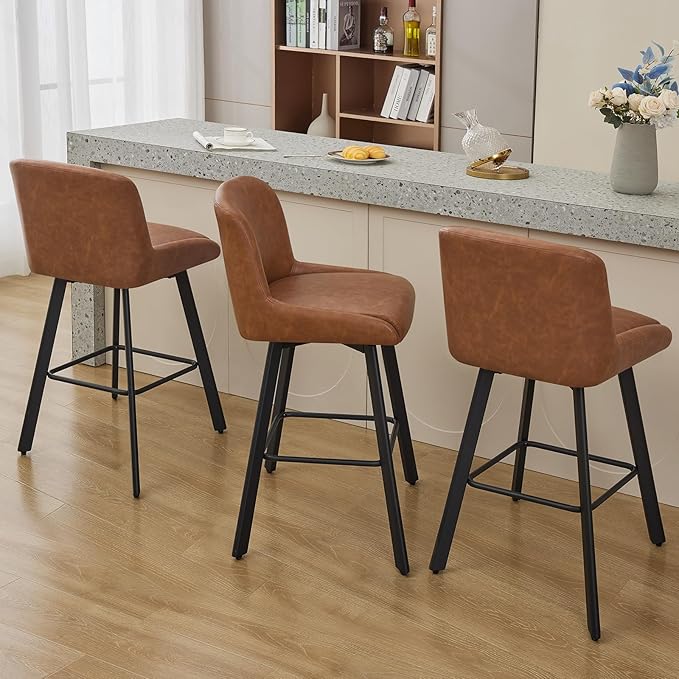 Swivel Bar Stools Set of 3, 30''H Upholstered Barstools with Backs, Modern Counter Height Bar Stool Chairs for Kitchen Island, Metal Legs, Faux Leather, Brown Counter Stools