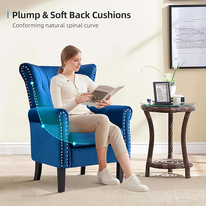 Velvet Accent Chair Single Modern Armchair with Riveted Decorative Mid-Century High Back Reading Chair Sturdy Sofa Chair for Living Room Bedroom Home Office (Blue)