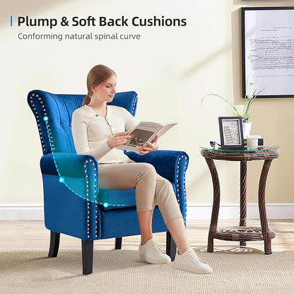 Velvet Accent Chair Single Modern Armchair with Riveted Decorative Mid-Century High Back Reading Chair Sturdy Sofa Chair for Living Room Bedroom Home Office (Blue)