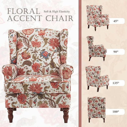 MELLCOM Floral Accent Chair, High Back Upholstered Armchair with Solid Legs, Leisure Single Sofa Chair for Living Room, Bedroom, Home Office, Red Floral