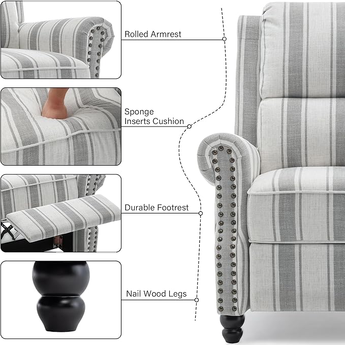 Recliner Chair, Modern Pushback Armchair with Adjustable Backrest & Footrest for Bedroom, Living Room-Grey Stripe,1 SEAT