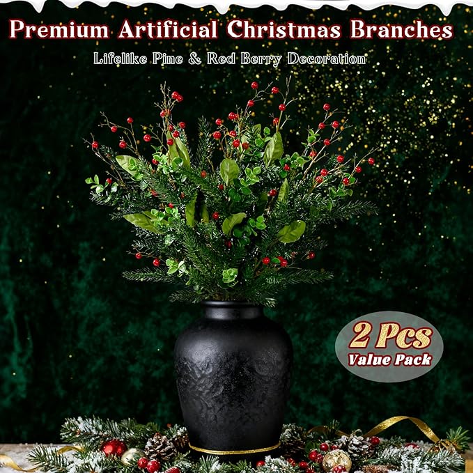 2PCS Artificial Pine Branches with Red Berry Pine Cones Artificial Needles Branches Greenery Stems Fake Greenery Floral Arrangements