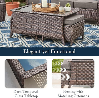 Luxury High Back Outdoor Furniture with 6-inch Extra Thick Cushions, Patio Furniture Set with Swivel Chairs, 4 PCS Wicker Conversation Set for Yard, Deck, Poolside, Brown/Grey