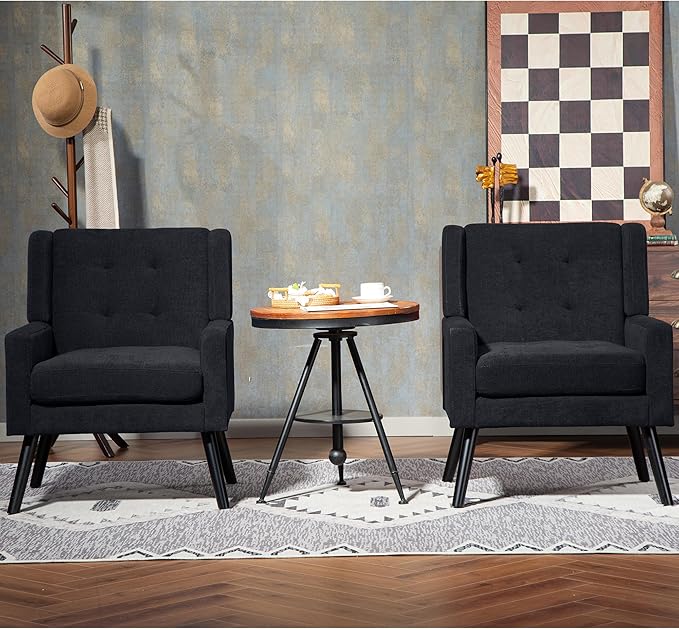 Mid-Century Modern Accent Chair Set of 2, Plush Linen Fabric with Button Tufted High Back & 5" Thick Cushion, High Comfort Reading Chair for Living Room, Bedroom, Office (Black)