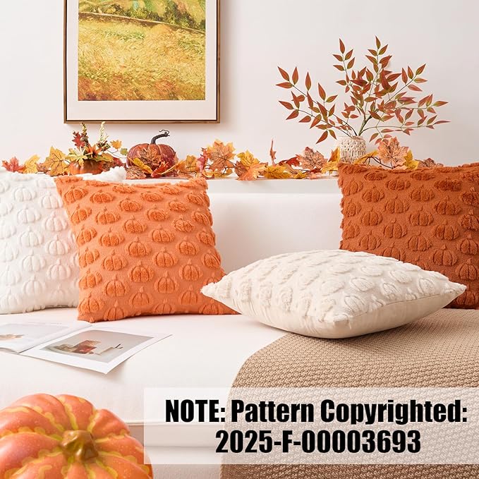 Kevin Textile Fall Pumpkins Pillow Covers 18x18 Inch Set of 2 Cute Autumn Decorative Square Pillowcases Soft Faux Fur Cushions Harvest Gift for Couch Sofa Chair Bedroom Home Decor, Brown