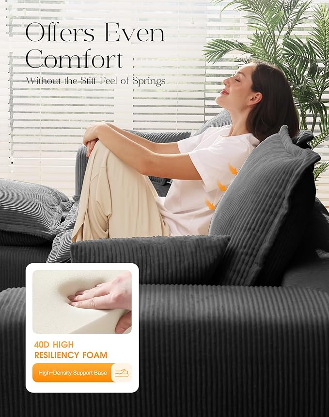 107" Comfy Cloud Couch with L-Shape Chaise & Deep Seat, Modular Sectional Sofa in a Box, Boneless Upholstered Couches for Living Room, No Assembly Required (Soft Corduroy, Gray)