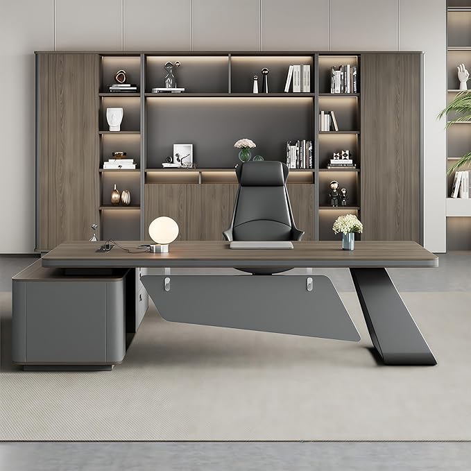 L Shaped Executive Desk, 118.1 inch Large Executive Computer Desk Set Drawers and Lockable, Power Socket and USB Port Storage, Without Display Racks and Bookshelves