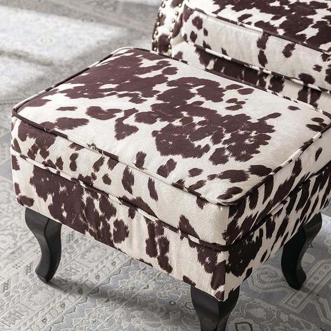 Mid Century Modern Accent Chair Upholstered Armchair Comfy Velvet Tufted Wingback Single Sofa with Ottoman for Bedroom Living Room, Cow