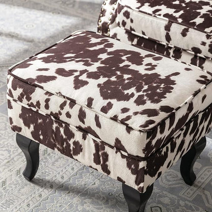 Mid Century Modern Accent Chair Upholstered Armchair Comfy Velvet Tufted Wingback Single Sofa with Ottoman for Bedroom Living Room, Cow