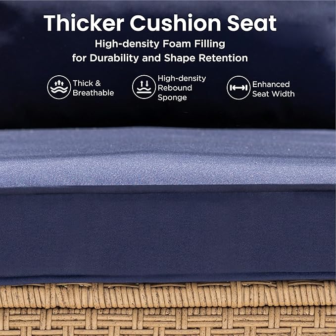 PHI VILLA Wicker Patio Furniture Set, 6 Seats Sectional Outdoor Sofa with Cushions and Acacia Wood Coffee Table, Patio Conversation Set for Garden, Backyard or Balcony, Navy Blue