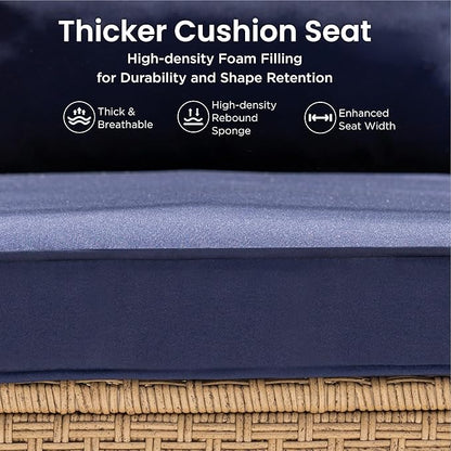 PHI VILLA Wicker Patio Furniture Set, 6 Seats Sectional Outdoor Sofa with Cushions and Acacia Wood Coffee Table, Patio Conversation Set for Garden, Backyard or Balcony, Navy Blue