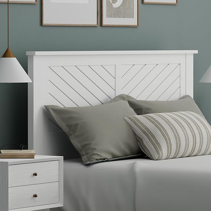 Serene Poplar Wood Queen Size Headboard in White, Modern Farmhouse Panel with Chevron Scoring, Casual Coastal Style, Easy Assembly, Quality Materials