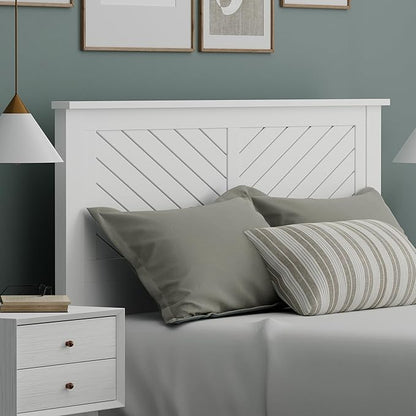 Serene Poplar Wood Queen Size Headboard in White, Modern Farmhouse Panel with Chevron Scoring, Casual Coastal Style, Easy Assembly, Quality Materials