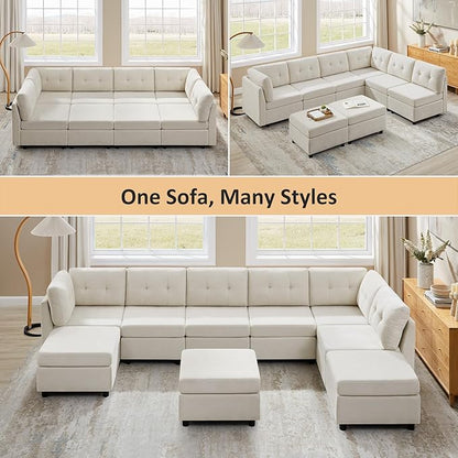 VANOMi 6 Seat Modular Sectional Sofa with 2 Ottomans, 118" Convertible Modular Cloud Sofa Bed, Comfy Chenille Sofas & Couches for Living Room, Apartment, Office, Beige, Large Sofa Bed