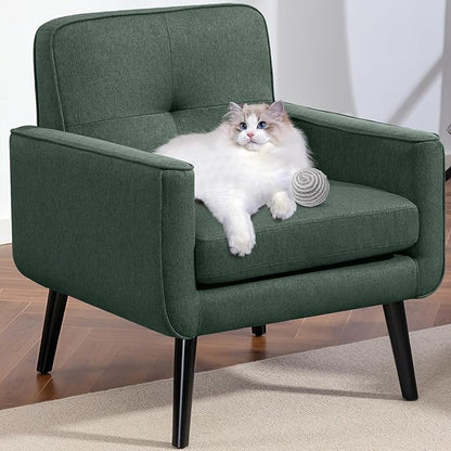 Mid Century Accent Chair, Fabric Modern Chair with Wooden Frame, Cozy Armchair Reading Chair with Comfy Back for Apartment, Living Room, Bedroom, Waiting Room, Small Space, Corner, Green