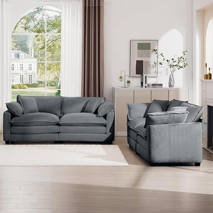 mikibama Luxury 2 Piece Sofa Set, 2 Pieces of Loveseat Couch, Modern Corduroy Comfy Cloud Couches Set for Living Room Office with 4 Armrest Pillows and 4 Toss Pillows, Grey