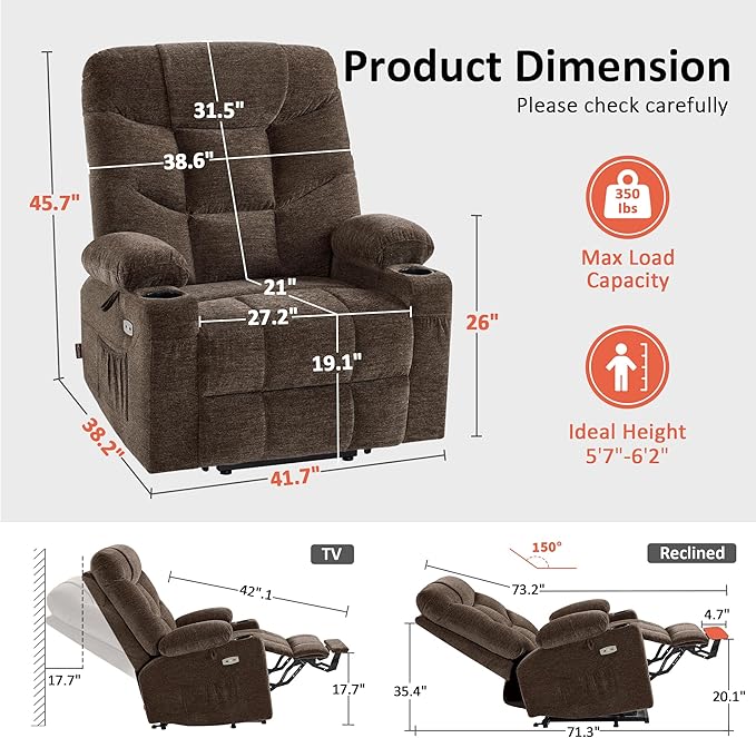 MCombo Oversized Power Lift Recliner Chair with Extended Footrest for Elderly People, Fabric R7399 (Brown, Large-Oversize)