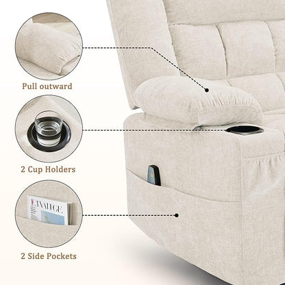 360° Swivel Rocker Recliner for Adults, Nursery Glider Recliner with Massage and Heating, Rocking Chair with Cup Holder, Manual Recliner Chair for Living Room, Bedroom (Fabric, Beige)