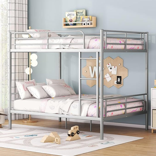 Merax Full Over Full Metal Bunk Bed with Ladder and high Guardrail, Able to Split, Storage Space, No Box Spring Needed, Noise Free, Silver