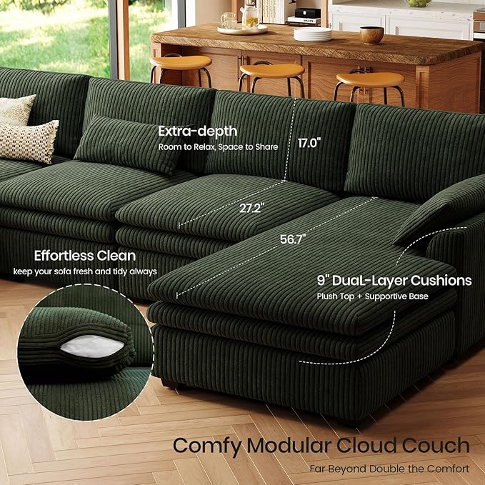 Belffin Large Modular Sectional Sofa with Double 61" Loveseat, Corduroy Corner Couch with 9" Soft Dual-Layer Seats Cushion for Living Room, Apartment, Small Sapce, Green