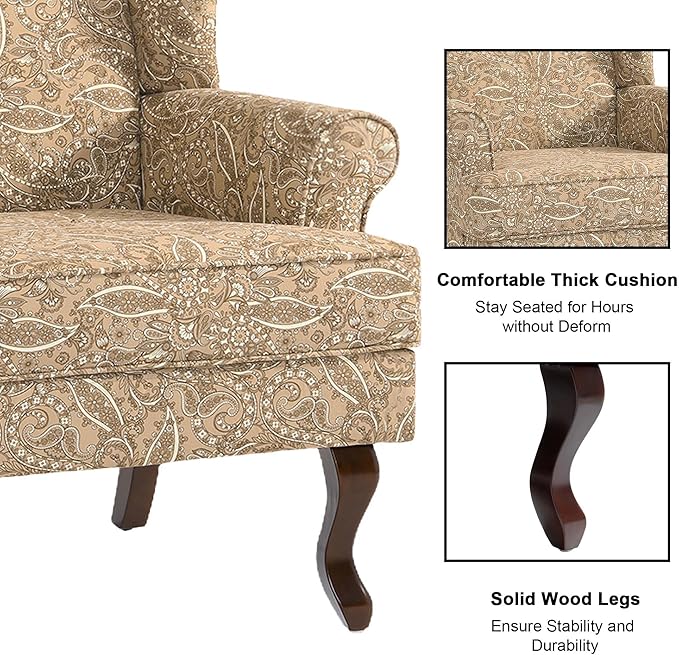 Accent Chair Set of 2, High Back Upholstered Armchair with High Resilience Sponge & Wood Legs, Mid-Century Modern Comfy Single Sofa Reading Chairs for Living Room, Bedroom-Floral Light Brown