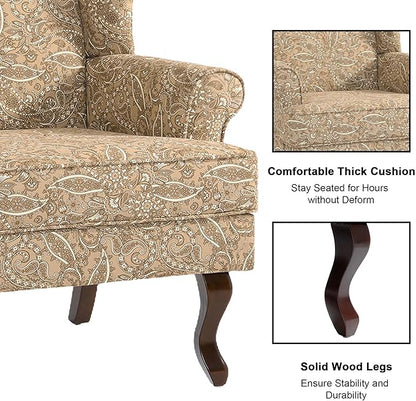 Accent Chair Set of 2, High Back Upholstered Armchair with High Resilience Sponge & Wood Legs, Mid-Century Modern Comfy Single Sofa Reading Chairs for Living Room, Bedroom-Floral Light Brown