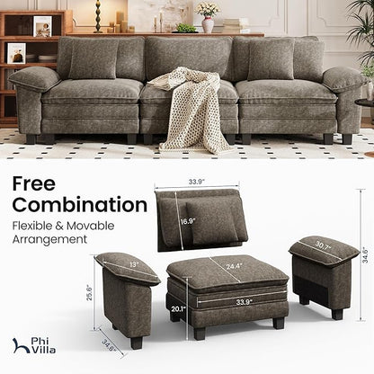 PHI VILLA Modern Modular Couches Sets, 123.6" Cloud Sectional Sofa with Upholstered Deep Seat, 3-Seater Couch for Living Room Small Spaces, Chenille Fabric, Smoky Grey