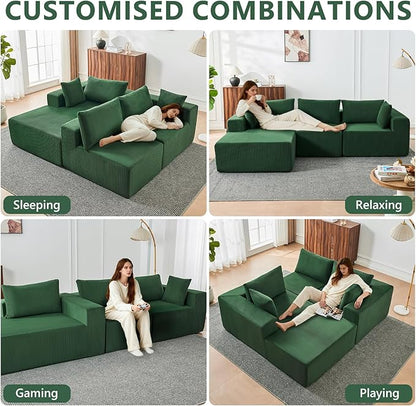 109" Cloud Sectional Couch, Boneless Couches for Living Room, Modular Sectional Sofa with Deep Seat, L-Shape Couch with Chaise, Comfy Corduroy Fluffy Modern Modular Sofa, No Assembly Required, Green