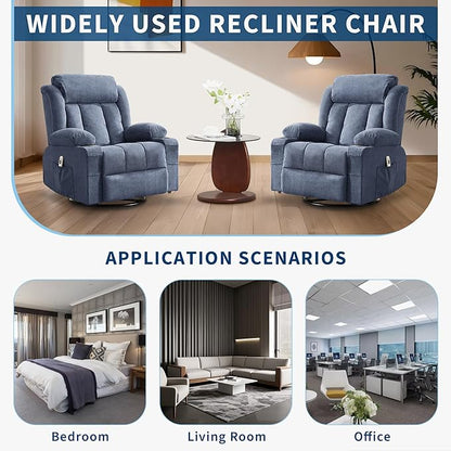 Rocking Recliner Chair with Heat and Massage, Nursery Recliner 360° Swivel Oversized Chairs for Adults, Lazy Boy Single Sofa Seat with 3 Positions, 2 Side Pockets, Cup Holders, and USB Ports, Blue