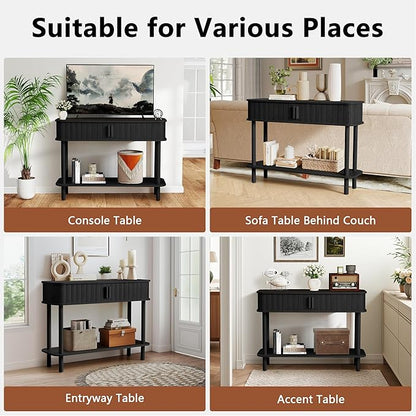 RARZOE Console Table with Storage, Fluted Entryway Table with Sliding Door&Open Shelf, Sofa Table Behind Couch, Mid-Century Modern Accent Table for Hallway, Entrance, Foyer, Fully Assembled(Black)