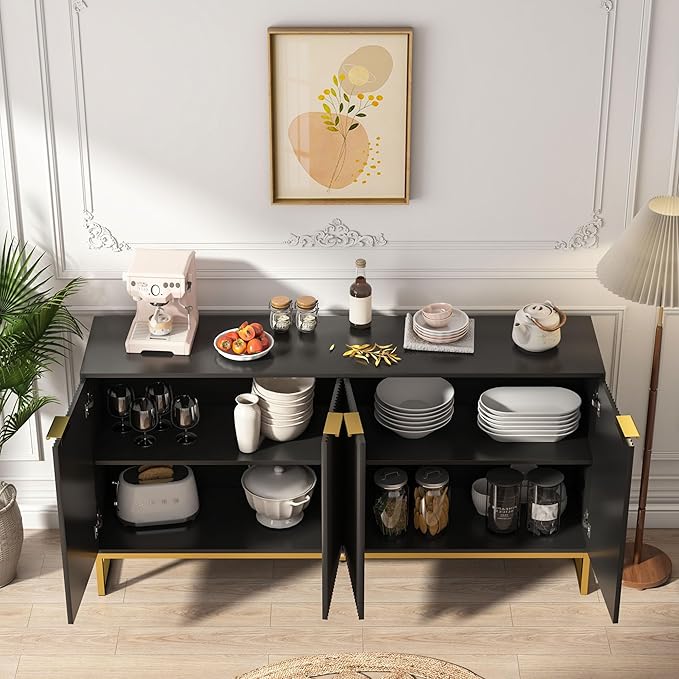Fluted Accent Storage Cabinet, Kitchen Sideboard Buffet with 4 Fluted Doors, Adjustable Shelves for Living Room, Dining Room, Hallway (Black 4 Door)