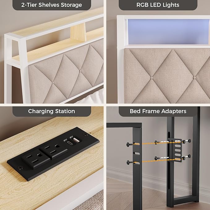 Queen Headboard Only, Headboard for Queen Size Bed with Storage, Upholstered Headboards with LED Lights & Charging Station, Attach Frame, Ideal for Bedroom/Dorm/Guest Room, White & Beige