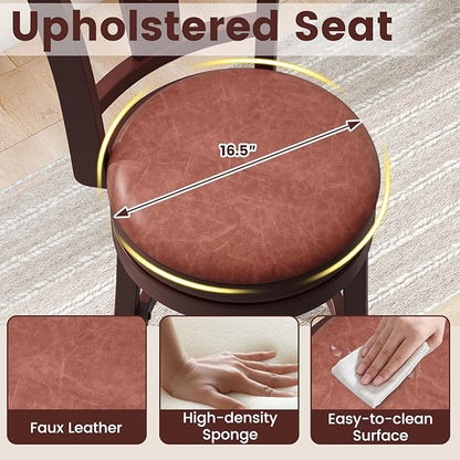 COSTWAY Barstools Set of 2, Faux Leather Upholstered Bar Stools with High Backs and Footrests, Armless Kitchen Island Dining Chairs with Solid Wood Legs, Cappuccino (2, 26'' Seat Height)