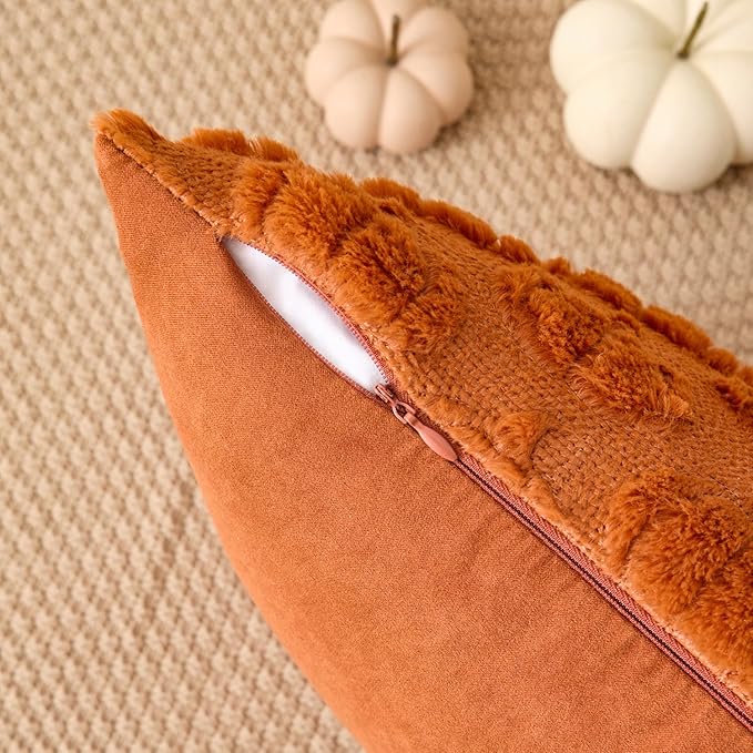 Kevin Textile Fall Pumpkins Pillow Covers 18x18 Inch Set of 2 Cute Autumn Decorative Square Pillowcases Soft Faux Fur Cushions Harvest Gift for Couch Sofa Chair Bedroom Home Decor, Brown