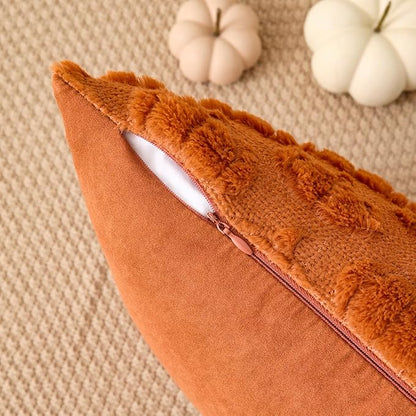 Kevin Textile Fall Pumpkins Pillow Covers 18x18 Inch Set of 2 Cute Autumn Decorative Square Pillowcases Soft Faux Fur Cushions Harvest Gift for Couch Sofa Chair Bedroom Home Decor, Brown
