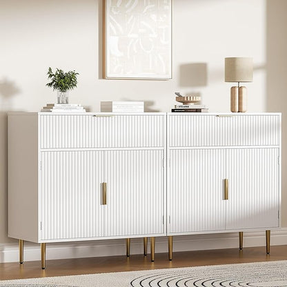 Coffee Bar Cabinet with 2 Doors & Drawer, Sideboard Buffet with Adjustable Shelves, Accent Liquor Cabinet with Storage, Console Table for Living Dining Room, White
