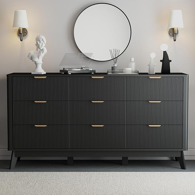 SUNWAVE Fluted 9 Drawer Dresser for Bedroom, 59.1" Wide Modern Large Dresser with Round Corner, Wood Drawer TV Stand for Living Room