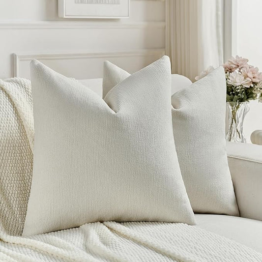 FUTEI Cream Chenille Decorative Throw Pillow Covers 18x18 Inch Set of 2,Soft Cozy Faux Linen Textured Cushion Case,Farmhouse Home Decor for Couch Living Room