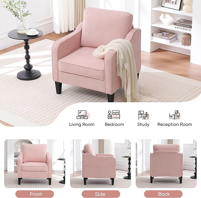 Accent Chair for Living Room, Mid Century Modern Reading Chair for Bedroom, Upholstered Armchair with Side Pockets, Comfy Single Sofa Side Chair for Office, Apartment, Small Room, Pink