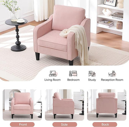 Accent Chair for Living Room, Mid Century Modern Reading Chair for Bedroom, Upholstered Armchair with Side Pockets, Comfy Single Sofa Side Chair for Office, Apartment, Small Room, Pink