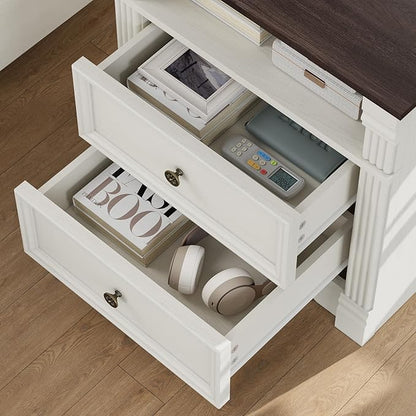 Yaamizz Farmhouse Nightstands with Charging Station, Table with Drawer and Storage Shelf, Wood Pilasters and Metal Handles, Vintage Design, Organizer for Bedroom, Hallway, White