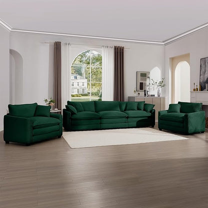 mikibama Luxury 3 Piece Sofa Set, 3-Seater & 2 Single Sofa Set, Modern Corduroy Comfy Cloud Couches Set for Living Room Office with 2 Armrest Pillows and 5 Toss Pillows, Green