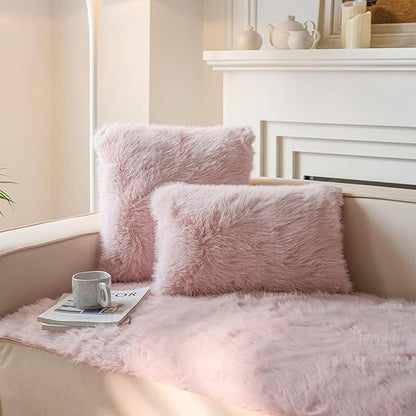 Neelvin Brown Faux Fur Cozy Fluffy Double-Sided Decorative Throw Pillow Covers 12x20 inch Set of 2,Velvet Pillowcase Cushion Case for Sofa Couch