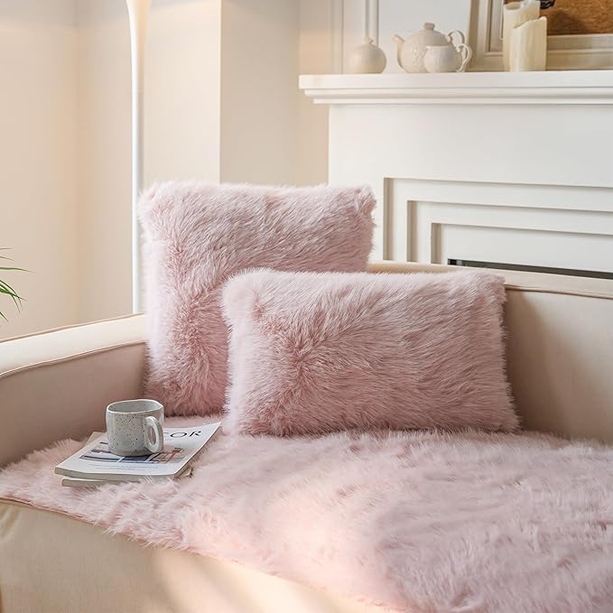 Neelvin Pink Faux Fur Cozy Fluffy Double-Sided Decorative Throw Pillow Covers 24x24 inch Set of 2,Velvet Pillowcase Cushion Case for Sofa Couch