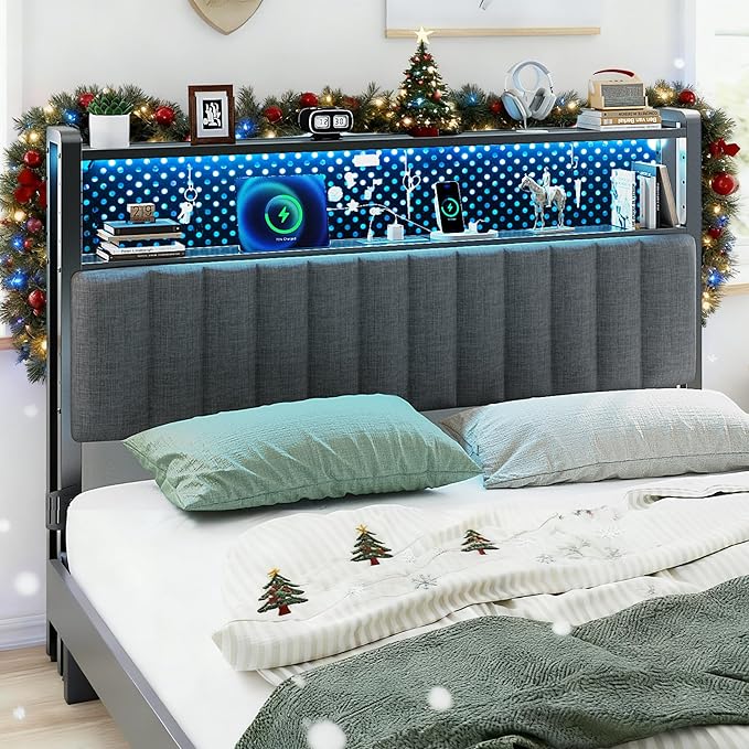 VINGLI Full Size Headboard Only, Adjustable Upholstered Headboard with 2 Tier Shelves and Pegboard with Charging Stations and LED Lights, Modern Bed Headboard with Storage for Bedroom Decor