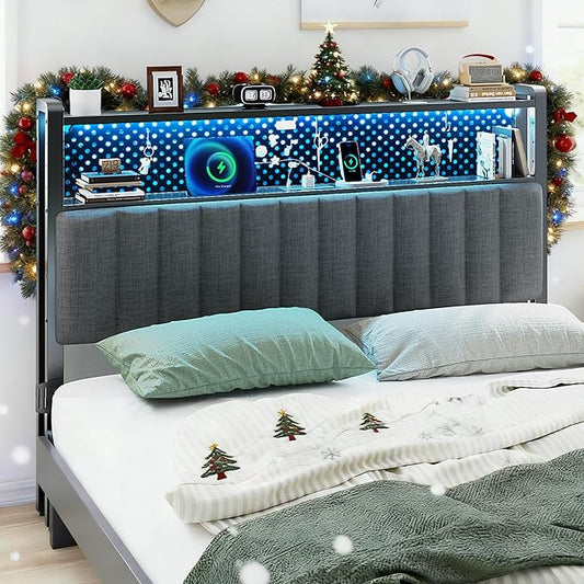VINGLI Full Size Headboard Only, Adjustable Upholstered Headboard with 2 Tier Shelves and Pegboard with Charging Stations and LED Lights, Modern Bed Headboard with Storage for Bedroom Decor