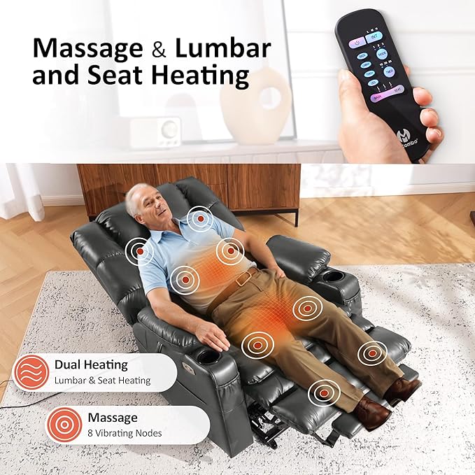 MCombo Large Triple Motor Power Lift Recliner Chair with Massage and Dual Heating, Adjustable Headrest for Tall Elderly People, Faux Leather 7634 (Dark Grey, Large)